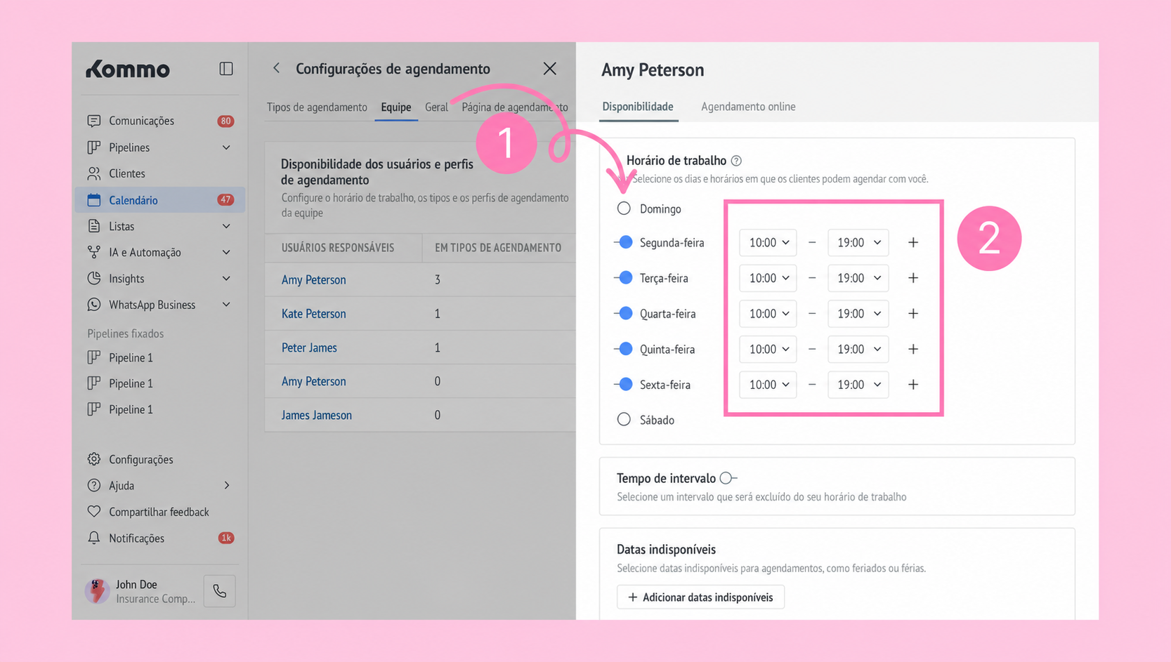 Settings for scheduling availability of team members in a management tool interface.